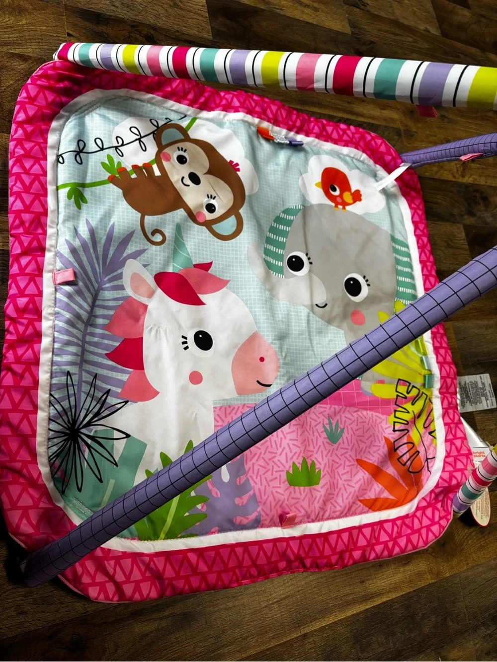 Pink-Trim Jungle Animal Play Mat with Colorful Striped Arches